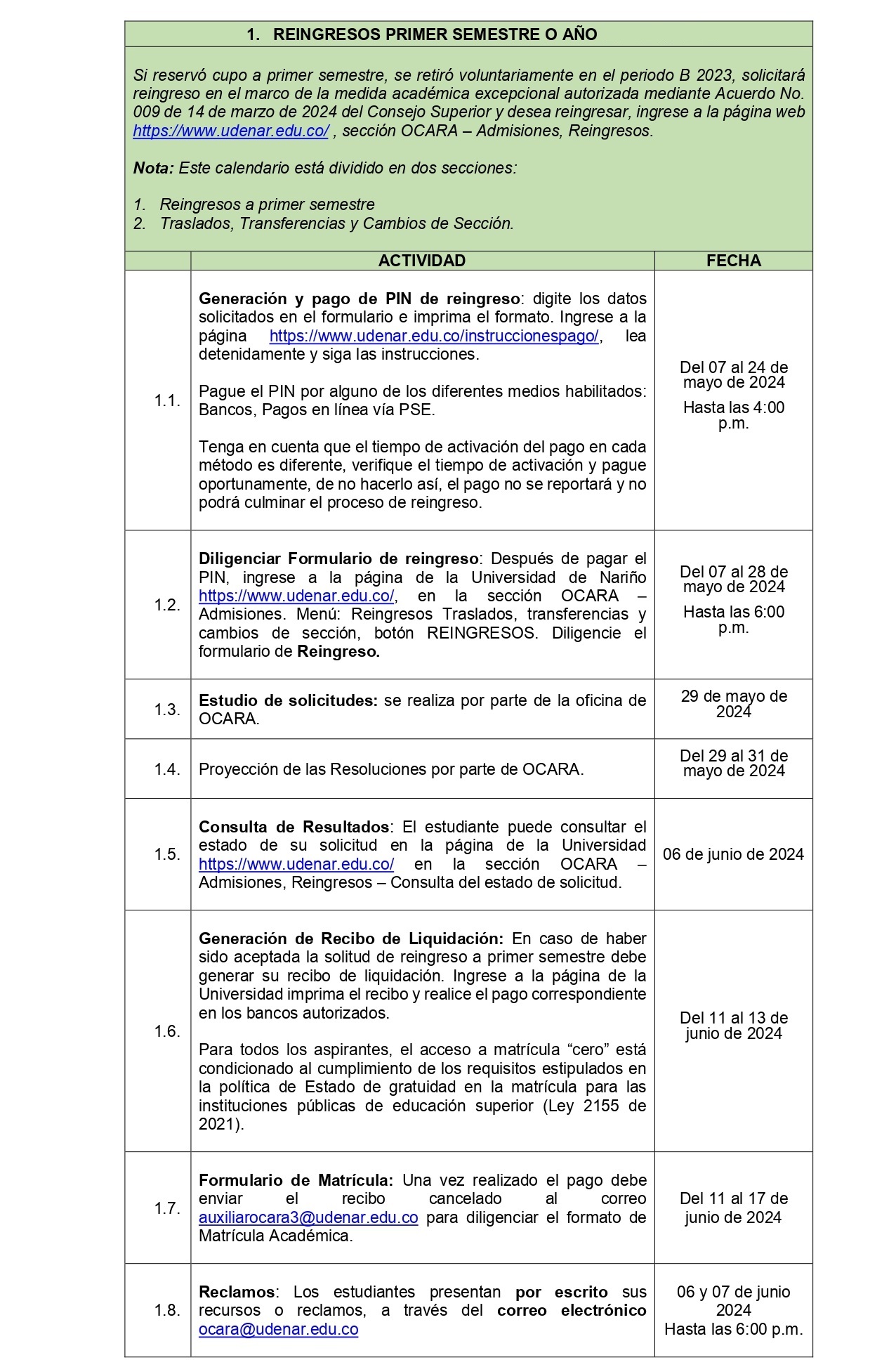 0161 CALENDARIO REINGRESO PRIMER SEMESTRE B 2024 -1