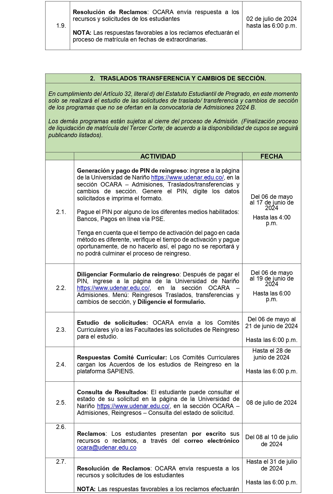 0161 CALENDARIO REINGRESO PRIMER SEMESTRE B 2024 - 2