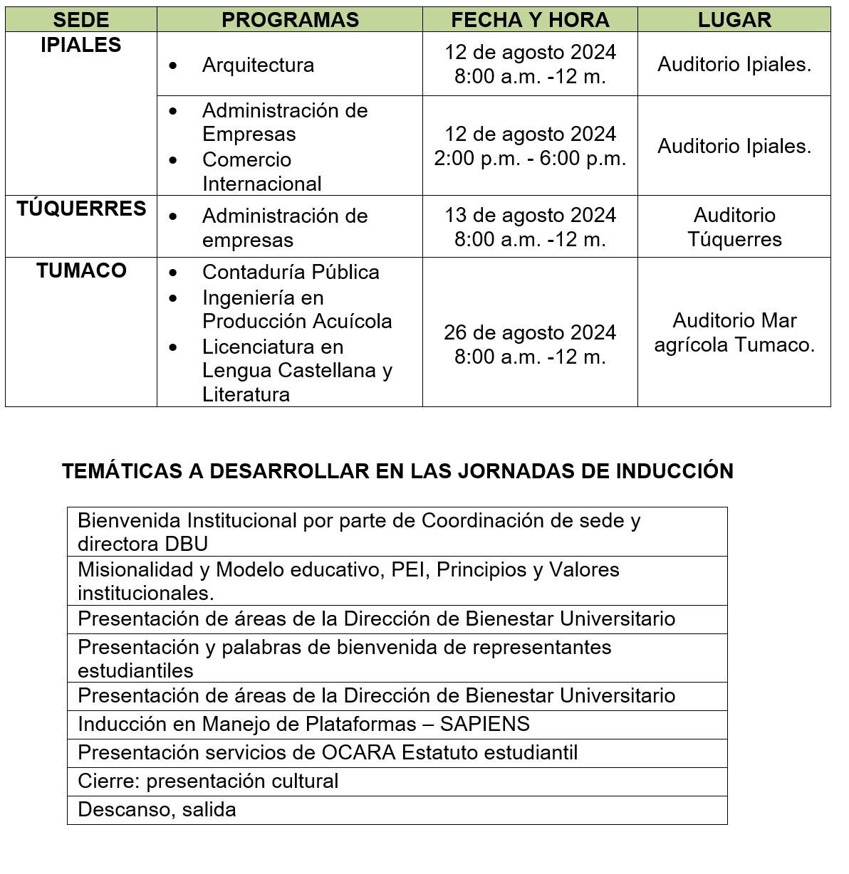 Cronograma induccion sedes regionales B 2024