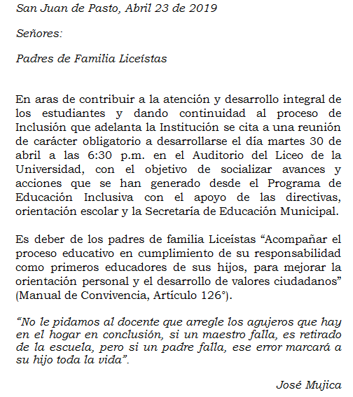 CITACION A REUNION DE PADRES DE FAMILIA – Universidad de Nariño