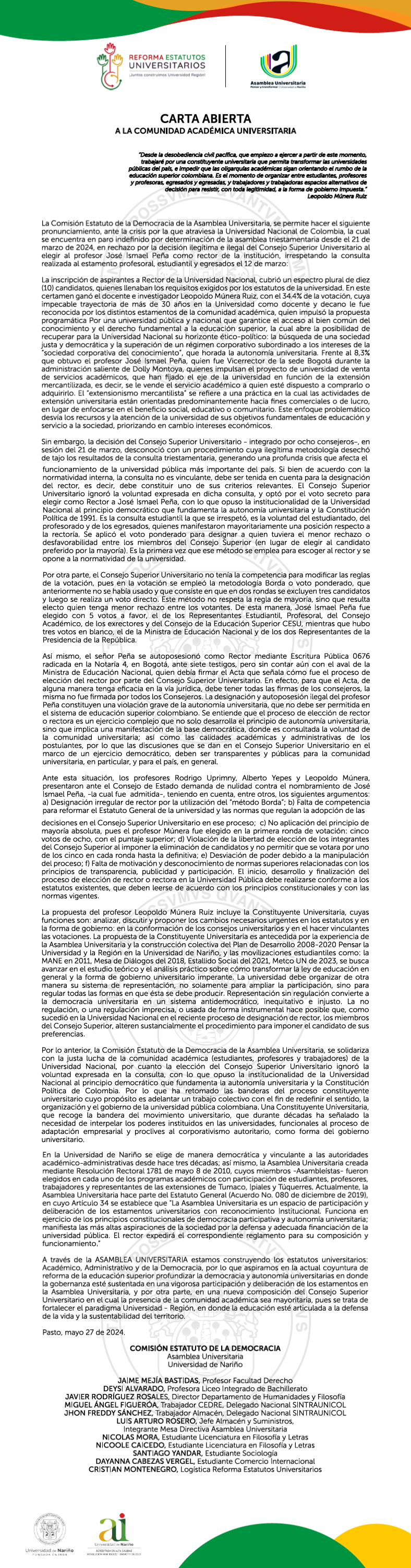 Carta abierta a la comunidad universitaria 2024