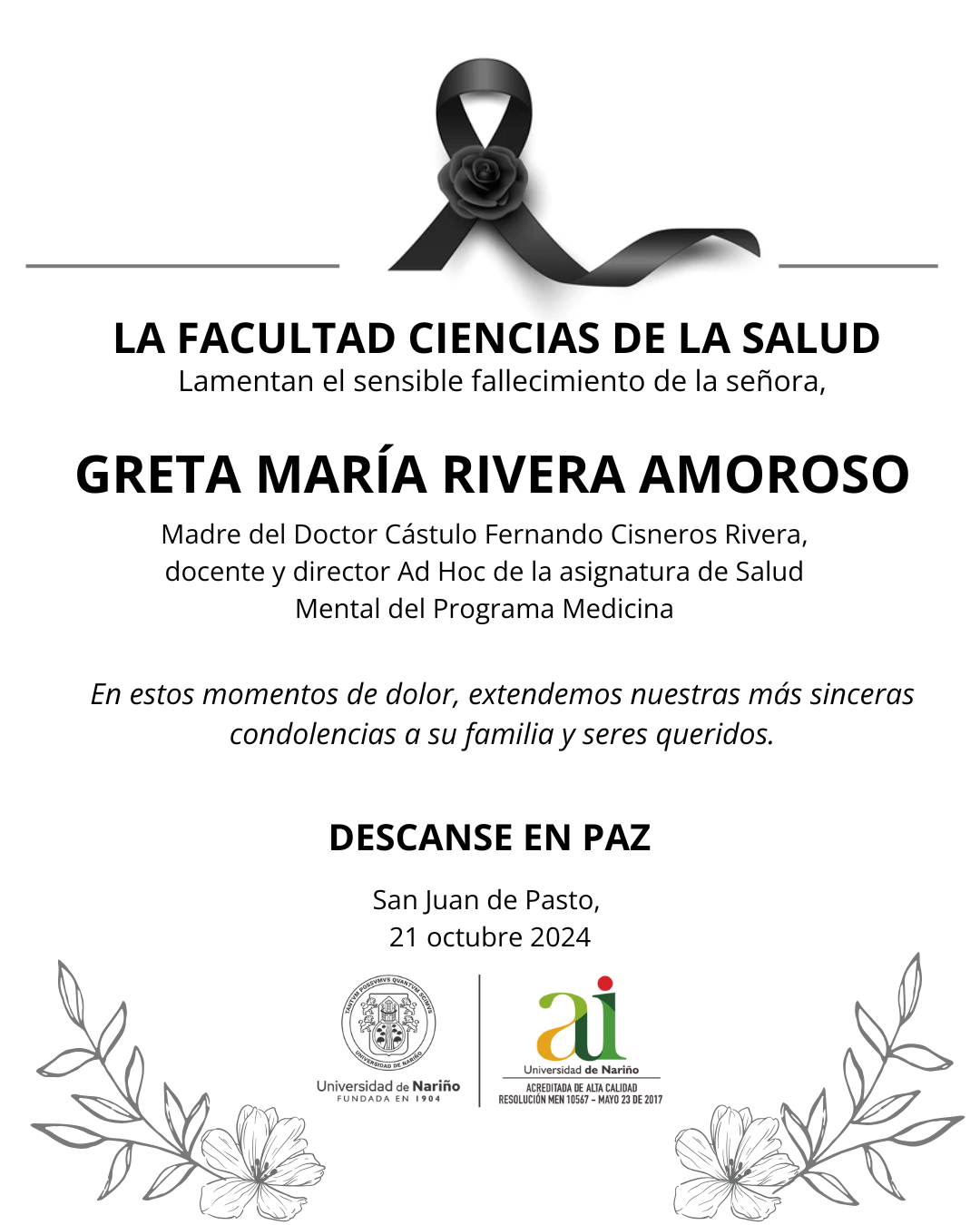 Nota de condolencia Facultad Ciencias de la salud